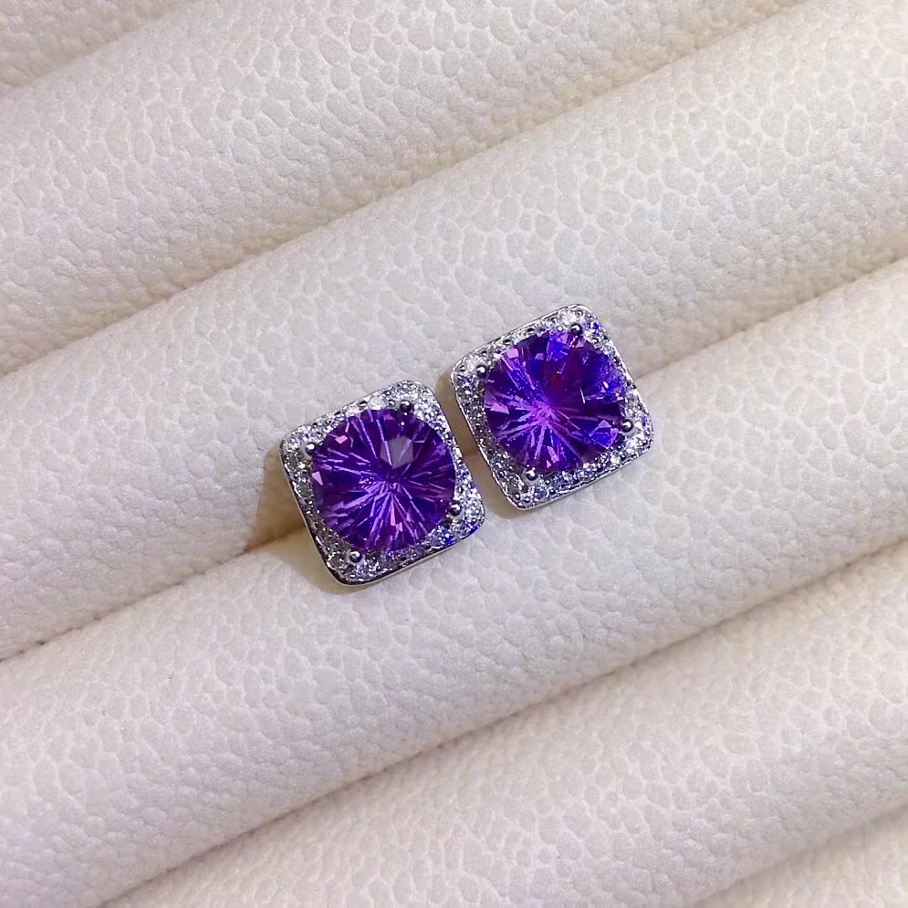 

Dazzling Silver Amethyst Silver Earrings for Young Girl 8mm VVS Grade Natural Amethyst Earrings Simple Crystal Silver Earrings