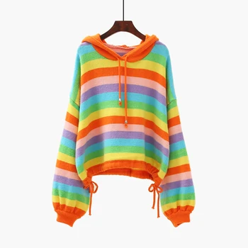 

Sweet Style Striped Knitted Women Sweater Pullovers Hooded Lantern Sleeved Loose Drawstring Female Pulls Outwear Tops
