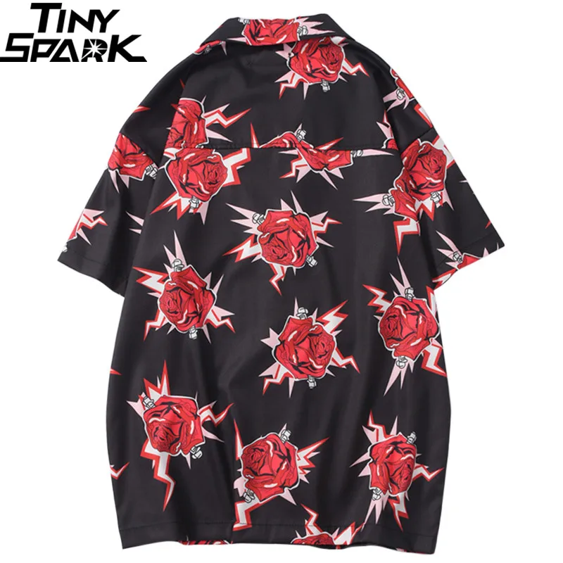 Хип-хоп рубашка уличная Мужская гавайская рубашка красная роза Харадзюку цветочный Весна Лето пляжная рубашка Гавайские тонкие с коротким рукавом