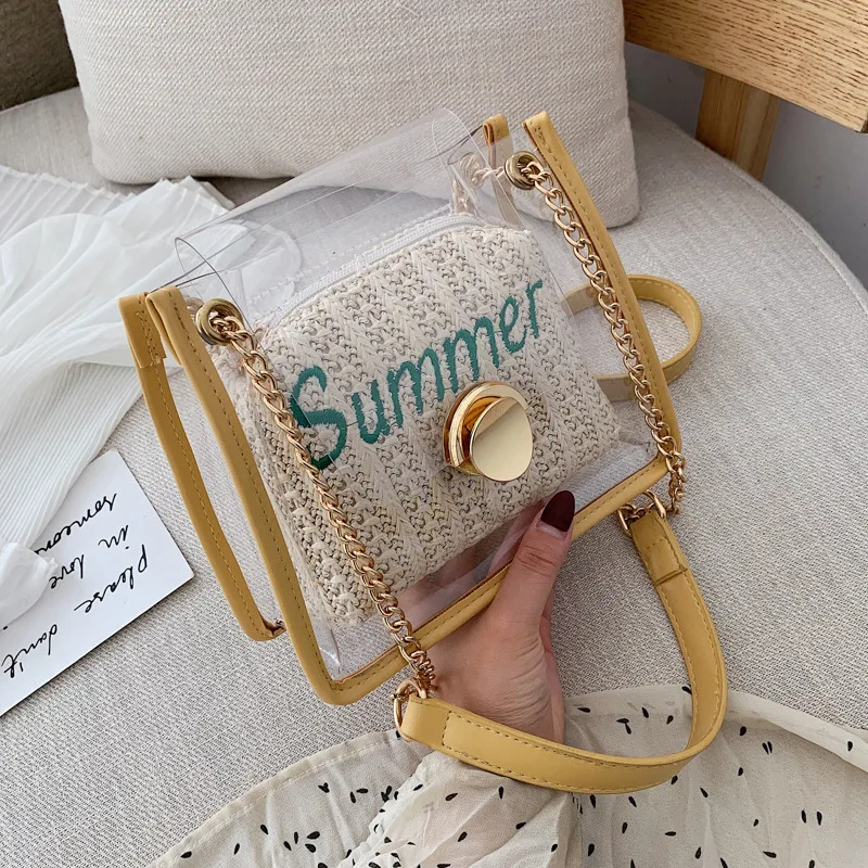

2019 the new 100-lap small fresh chain bag transparent jelly bag is slanted with grass.