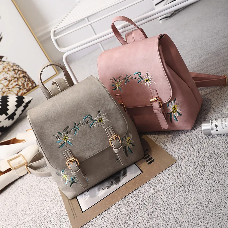 

2018 New Style Girl'S Embroidered Backpack PU Leather Ethnic-Style Fashion Flower Color Embroidery Backpack Wholesale