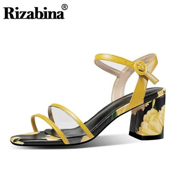

RIZABINA Summer Real Leather Sandals Women Fashion Print Buckle Square Heels Shoes Daily Club Brand Women Footwear Size 33-42