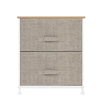 

2 Drawers -Night Stand End Table Storage Tower - Sturdy Steel Frame Wood Top Easy Pull Fabric Bins - Organizer Unit For Bedroom