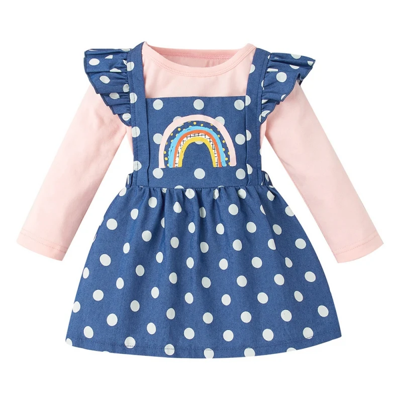 

2021 Baby Girl Tops Newborn Clothing Baby Girl Long Sleeve Solid Color Top + Polka Dot Rainbow Print Suspender Skirt Suit