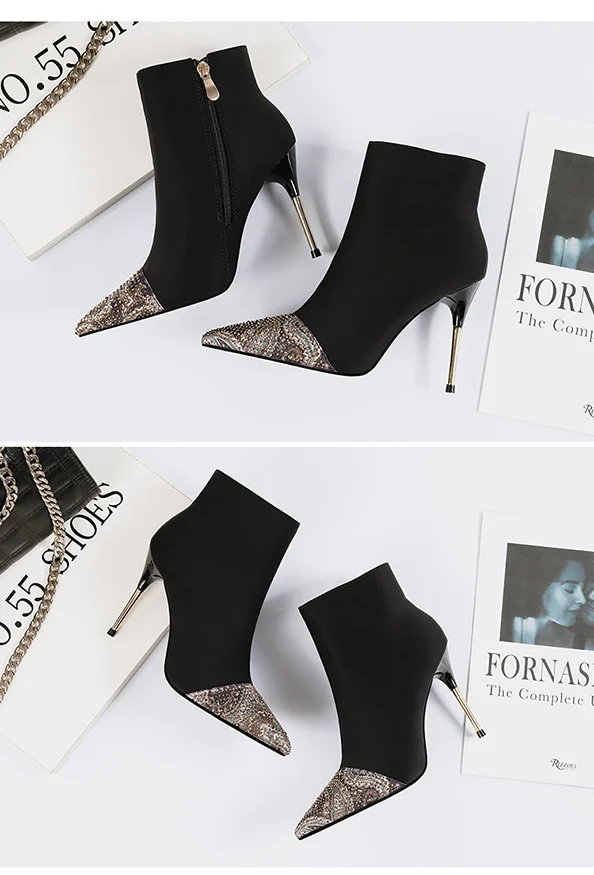 Ботильоны в стиле пэчворк; женская обувь на молнии с острым носком; зимние теплые полусапожки на высоком каблуке со стразами; модная обувь черного цвета; Zapatos de Mujer