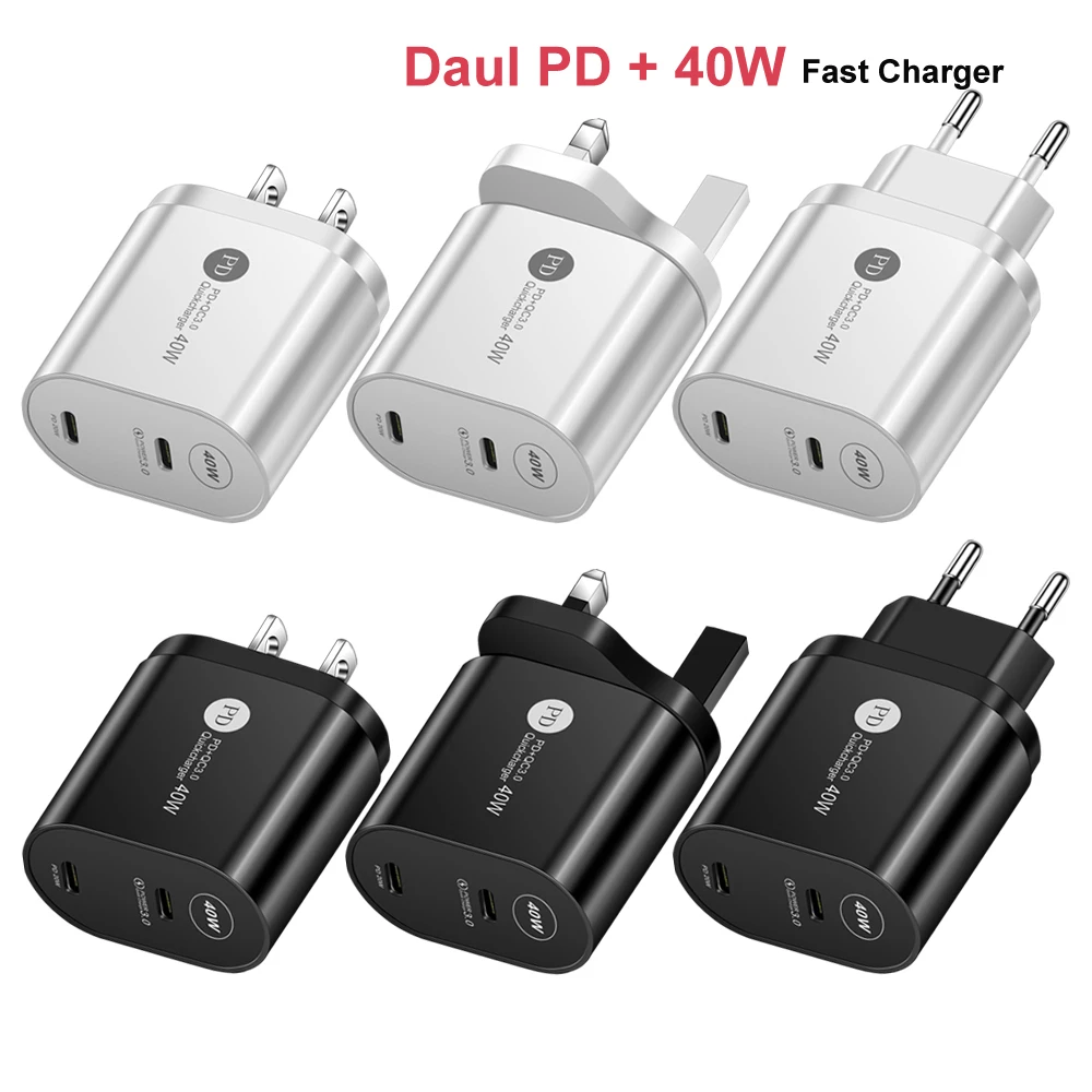 Dual PD 40W USB C Charger QC 3.0 EU US UK Plug Fast Charger Type C Phone Charger For iPhone11 iPhone 12 Pro Max iPad Xiaomi 65 watt charger