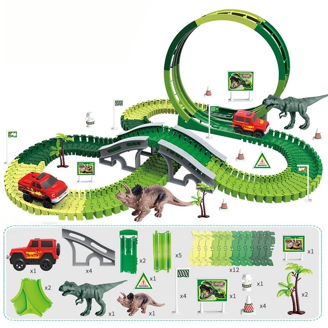 DIY Dinosaur Race Track Toys Set Flexible Magical Racing Track Railway Car Hanging Bridge Dinosaurs Toy For Boys Girls Gift 22