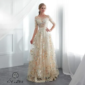 

S.T.DES Evening Dress 2020 New Arrival A-line O-neck Champagne Long Sleeve Designer Floor Length Party Dress Dinner Dress