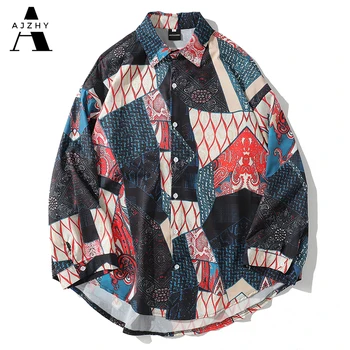

2020 Mens Three Quarter Shirts Vintage Casual Long Sleeve Shirt Mens Harajuku Hip Hop Streetweat Printing Shirt Korean Clothes