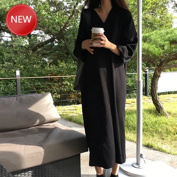 

v neck loose plus size cotton dresses long sleeve female maxi vestidos vintage solid straight dress spring summer