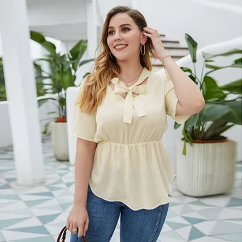 

New Summer Women V-Neck Short Sleeve 4XL Plus Size Solid Blouses Fashion Casual Big Size Bow Tops Female Elegant Blouse Vestidos