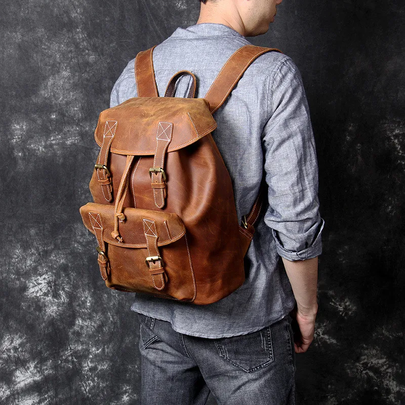 

Retro handmade luxury natural crazy horse cowhide men's large-capacity backpack casual geuine leather outdoor travel schoolbag