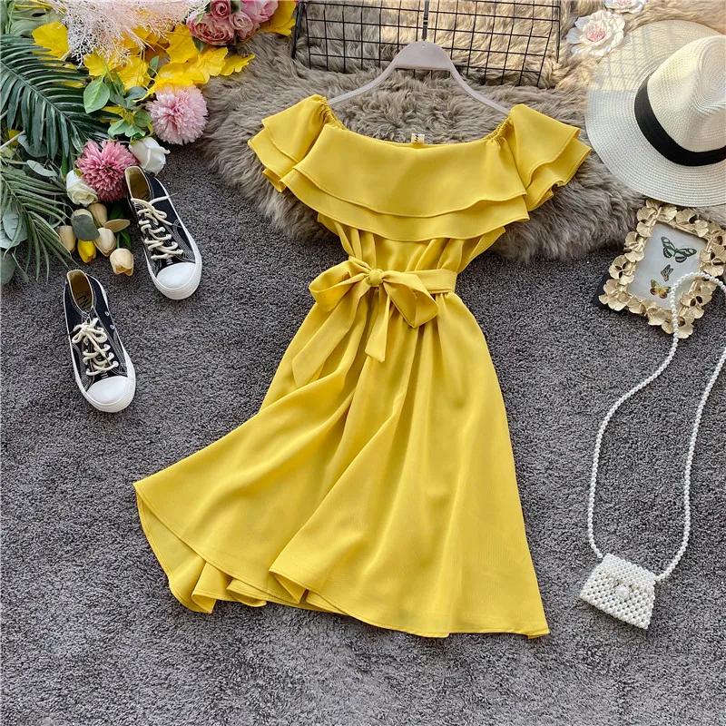 SINGRAIN Summer Women Off Shoulder Dress Bohemian Romantic Ruffle Sundress Party Holiday A-Line Retro Solid Chiffon Beach Dress