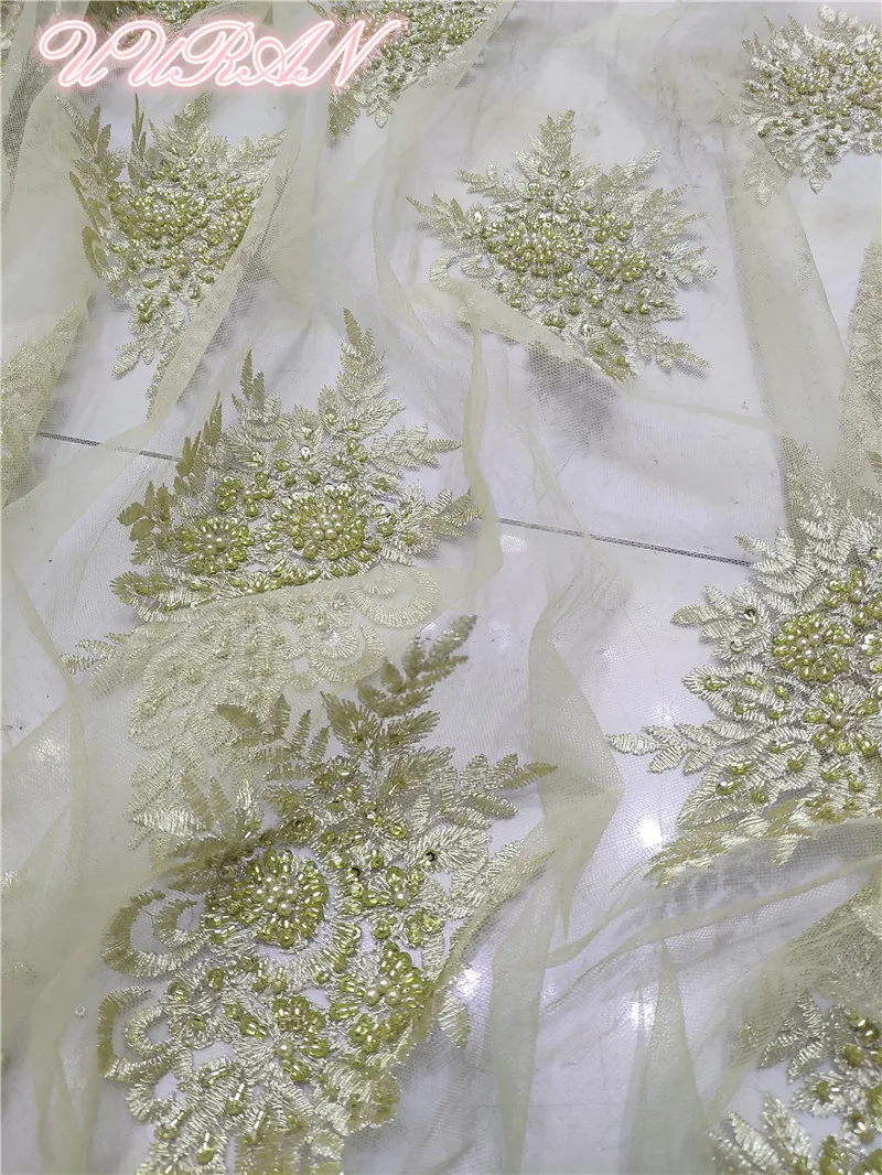 

Gold Beaded Mesh Tulle Lace Fabric for Wedding/evening Dress 5 Yards Embroidery French Net Lace Fabric with Stones
