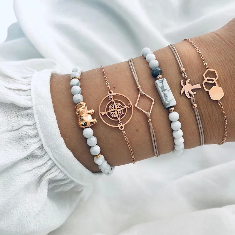 

Modyle Boho compass Tree Elephant Bead Bracelet Set for Women Flower Chains Adjustable Bracelet Bangle Party Jewelry
