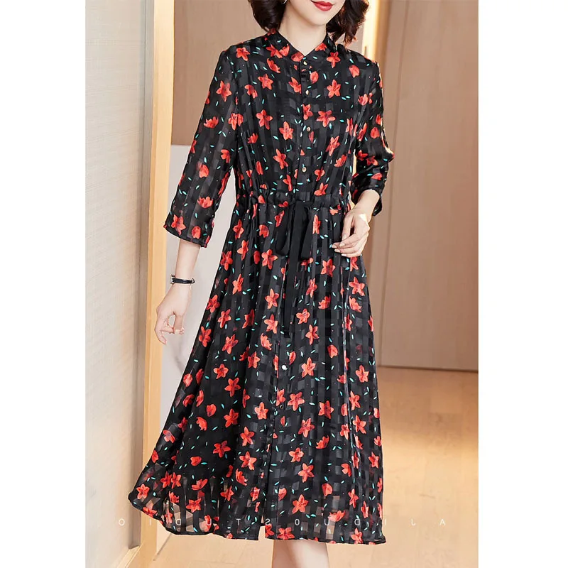 

Europe And America Chiffon Dress Women's Spring 2020 New Style Large Size Loose-Fit Waist Hugging Slimming Floral Shirt Skirt