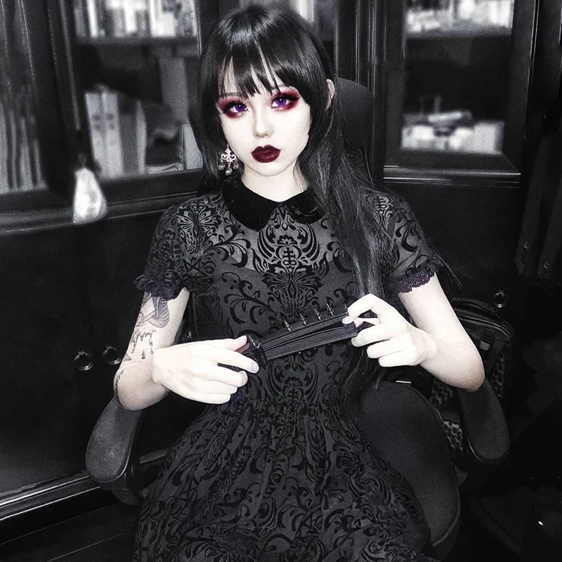 

Gothic Black Sexy Short Sleeve Lace Pleated Dress 2020 Spring Goth Dark High Waist Harajuku Perspective Mesh Hollow Out Dress