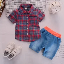 Одежда для новорожденных мальчиков Корейская рубашка в клетку с короткими рукавами+ джинсовые шорты Одежда для младенцев Детские спортивные костюмы