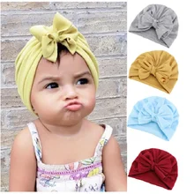 

Newborn Baby Cotton Cloth Flower Bows Turban Ear Hat Kids Set Baby Beanie Cap Donut Ball Cap Headwraps Infant Hat
