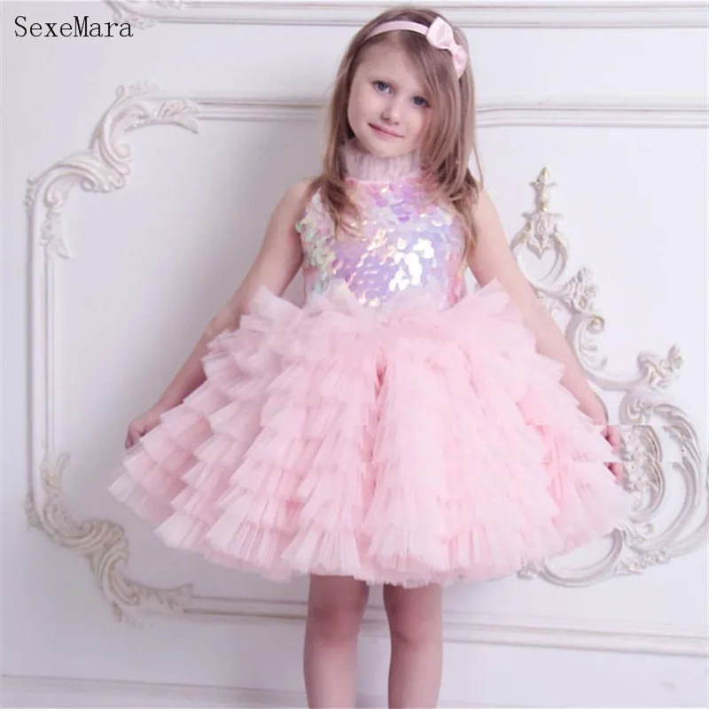 

Glitter Pink Flower Girl Dresses Sequin Baby Girl Dress Puffy Dresses For Girls Kids Birthday Party Gown