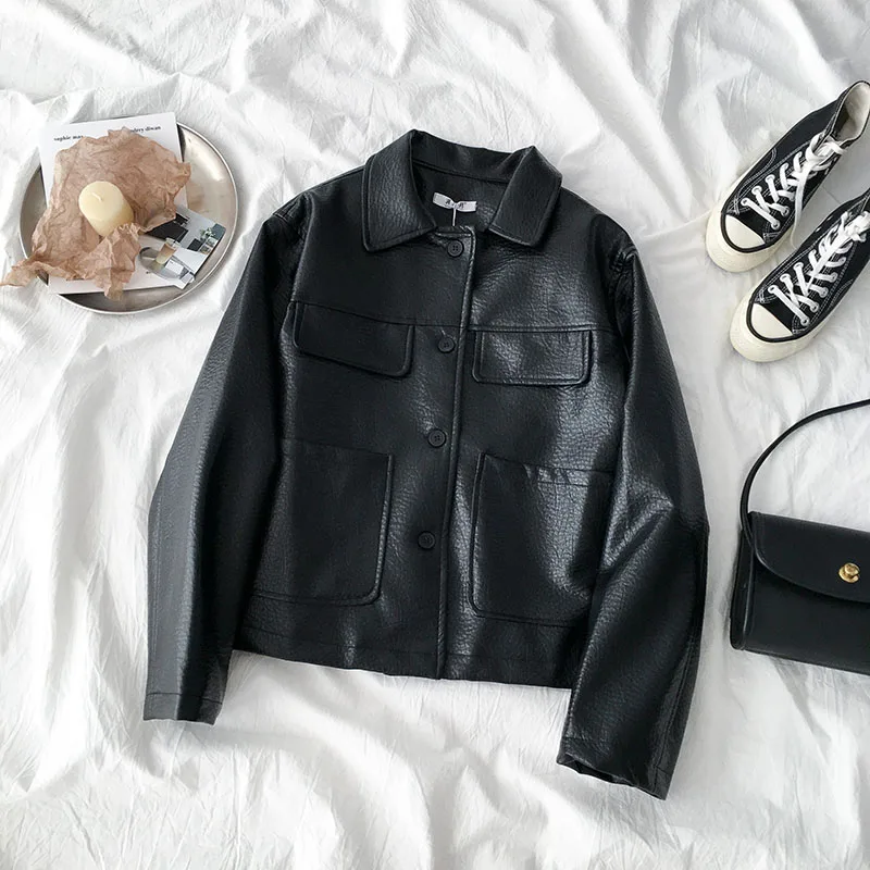 Женская куртка из искусственной кожи новинка 2019 весна осень черная женская