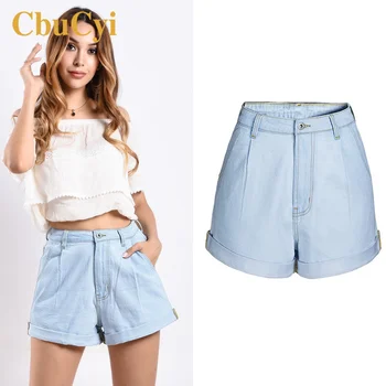 

Summer Women Shorts High Waisted Loose Casual 100% Cotton Denim Shorts Women Wide Leg High Quality Blue Short Jeans Feminino