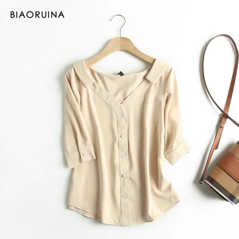 

BIAORUINA Women's Chiffon V-neck Loose Korean Styel Half Sleeve Shirt Female Single Breasted Comfort Summer Blouse Tops