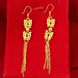 14K Gold Elegant Butterfly Shaped Long Tassel Drop Earring for Women Bride Wedding Engagement Beaded Female Jewelry Earrings