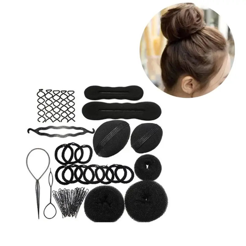 

93Pcs/Set Women Girls Donut Bun Maker Magic DIY Hair Styling Accessories Kit Twist Braid Ties Gum Clips Hairdressing Pads Tools