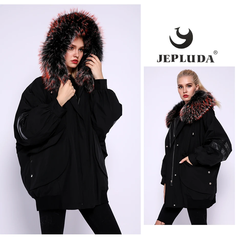 JEPLUDA, Модная парка с натуральным мехом размера плюс, с капюшоном, большой Лисий мех, подкладка, Полный Пелт, мех кролика, больше размера, зимнее пальто, женская меховая куртка