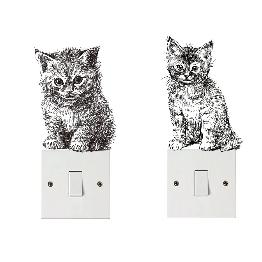 Lovely Cute Little Cat Baby Light Switch Stickers On Wall Art Sketch Laptop Decals for kids Nursery Room Home Decoration Mural (1)