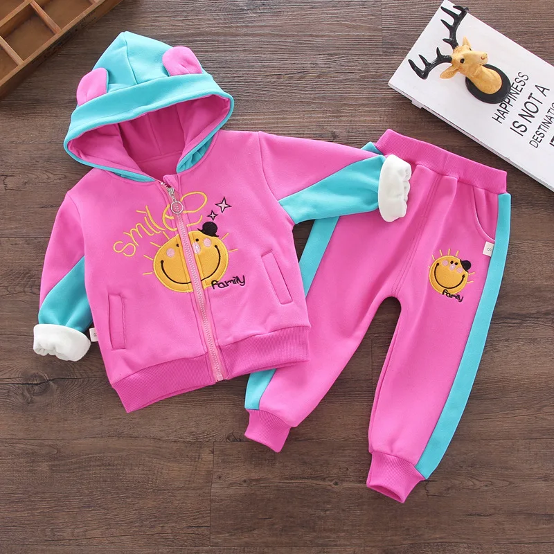 

Children Baby Girls Hooded Long-sleeve Suit Autumn And Winter Girls Cartoon Smiley plus Velvet Two-Piece Set Childrenswear