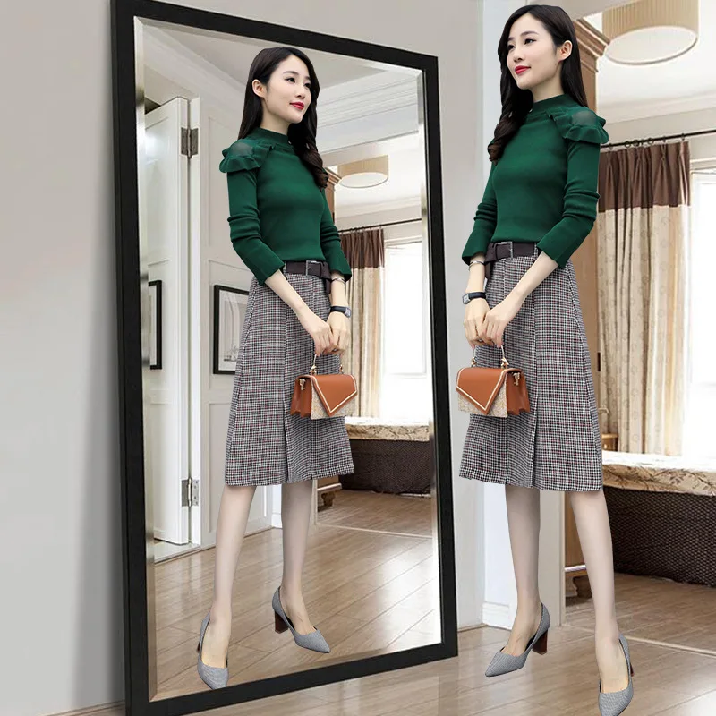 

2019 New Style Autumn & Winter Fashion Gauze off-Shoulder Knit Low Waist Jersey Plaid Woolen Skirt Two-Piece Set Korean-style