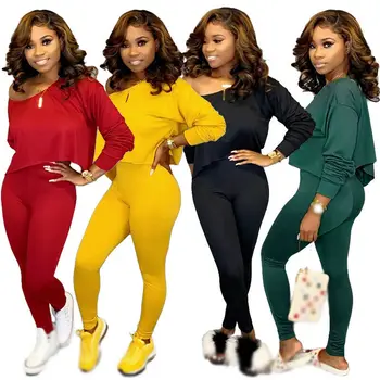 

Running Set 2Pcs Women Sportswear Spandex Solid Loose Crop Long Sleeve Pullover Sports Top + Long Pants two piece set