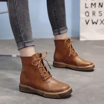 baratas Mulheres Botas De Tornozelo De Couro Do Plutônio Senhoras Sapatos Retro Mulher Apartamentos Rendas Acima De Pouco Peso Macio Inferior Costura Sapatos Femininos Novo