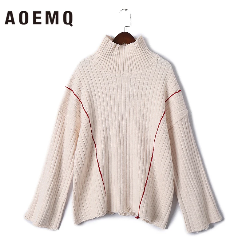 AOEMQ, Модный пуловер, свитер, 4 цвета, водолазка, Зимний вязаный свитер с полосатым узором, свитер, одежда с широкими рукавами