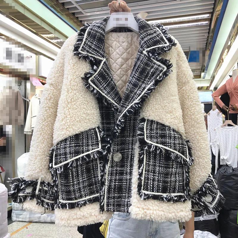 

2019 New Winter Coats Fashion Lapel Chic Lamb Wool Jacket Womans Spliced Loose Coat Plush Thickened Cotton Parkas Girls Jackets