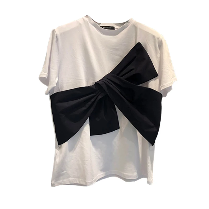 

Han Guodong door summer new sweet bowknot crashed short sleeve T-shirt color joker female age coat reduction tide