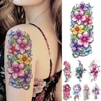 

Waterproof Temporary Tattoo Sticker Purple Pink Line Rose Flower Flash Tattoos Totem Heart Body Art Arm Fake Sleeve Tatoo Women