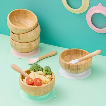 

Baby Feeding Bowl Wood Dinner Plate Wooden Kids Feeding Dinnerware With Wooden Suction Cup Wooden Fork Spoon Children's Dishes