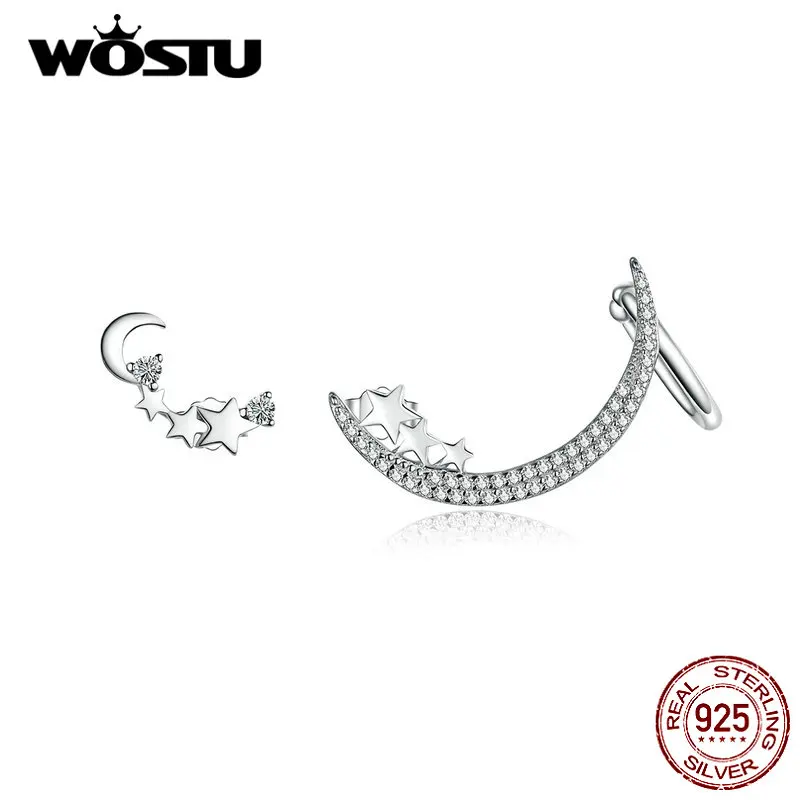 WOSTU модные лунные серьги-гвоздики "Звёзды" 925 пробы серебряные циркониевые серьги для женщин Свадебные дизайн 925 ювелирные изделия CQE616