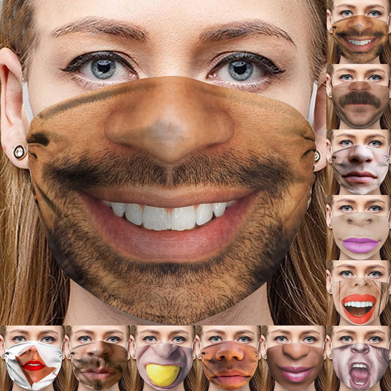 Adult Funny Mouth Mask 3D Funny Cloth Face Masks Mascarillas Cosplay Headband Washable Reusable Pm2.5 Anti-dust Protection