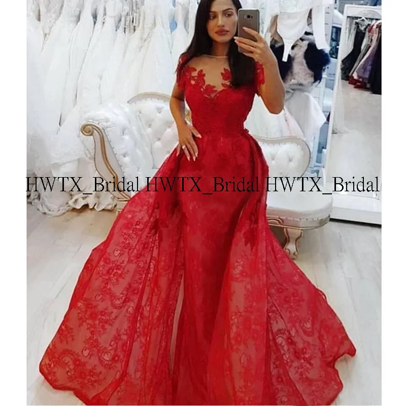 HWTX_Bridal красное кружевное вечернее платье со шлейфом Короткие рукава Русалка Длинные Выпускные платья Арабский Дубай Vestidos de fiesta de noche