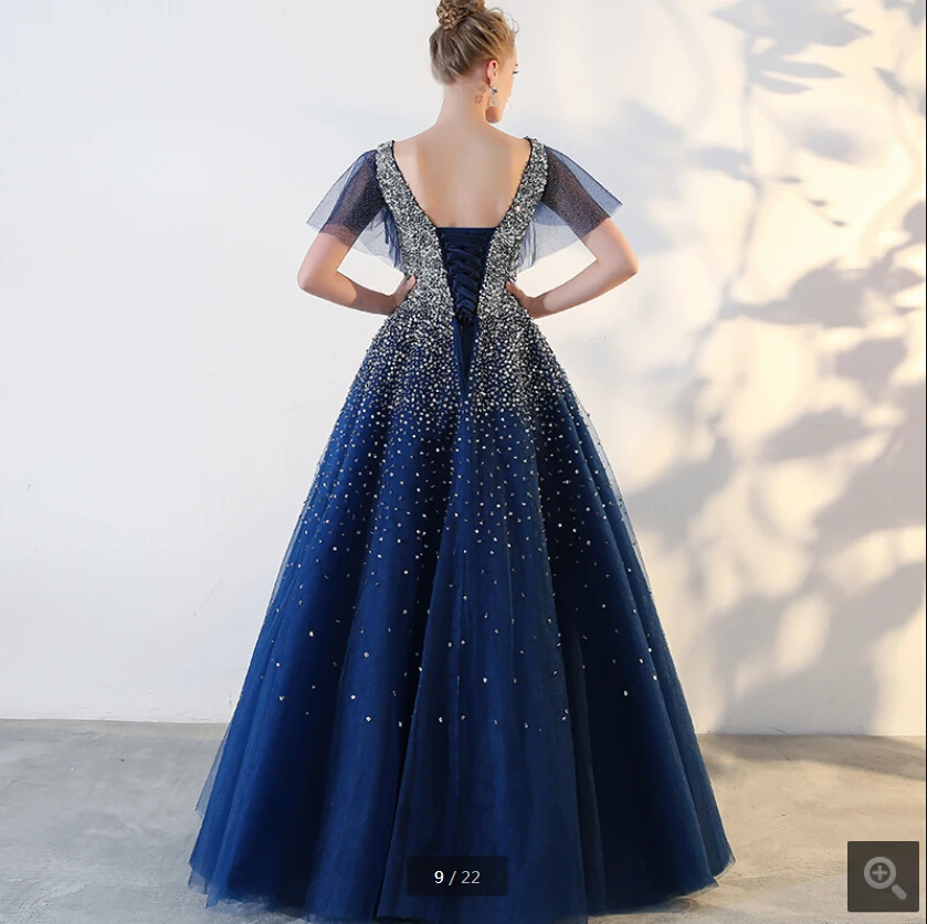 Vestido de festa темно-синее платье трапециевидной формы с короткими рукавами для выпускного вечера блестящие торжественные платья для выпускного, лидер продаж