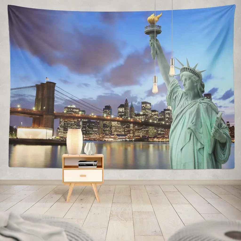 

Bridge and Statue Night New York City Skyline Statue Bridge Landmark Manhattan Famous Tapestry