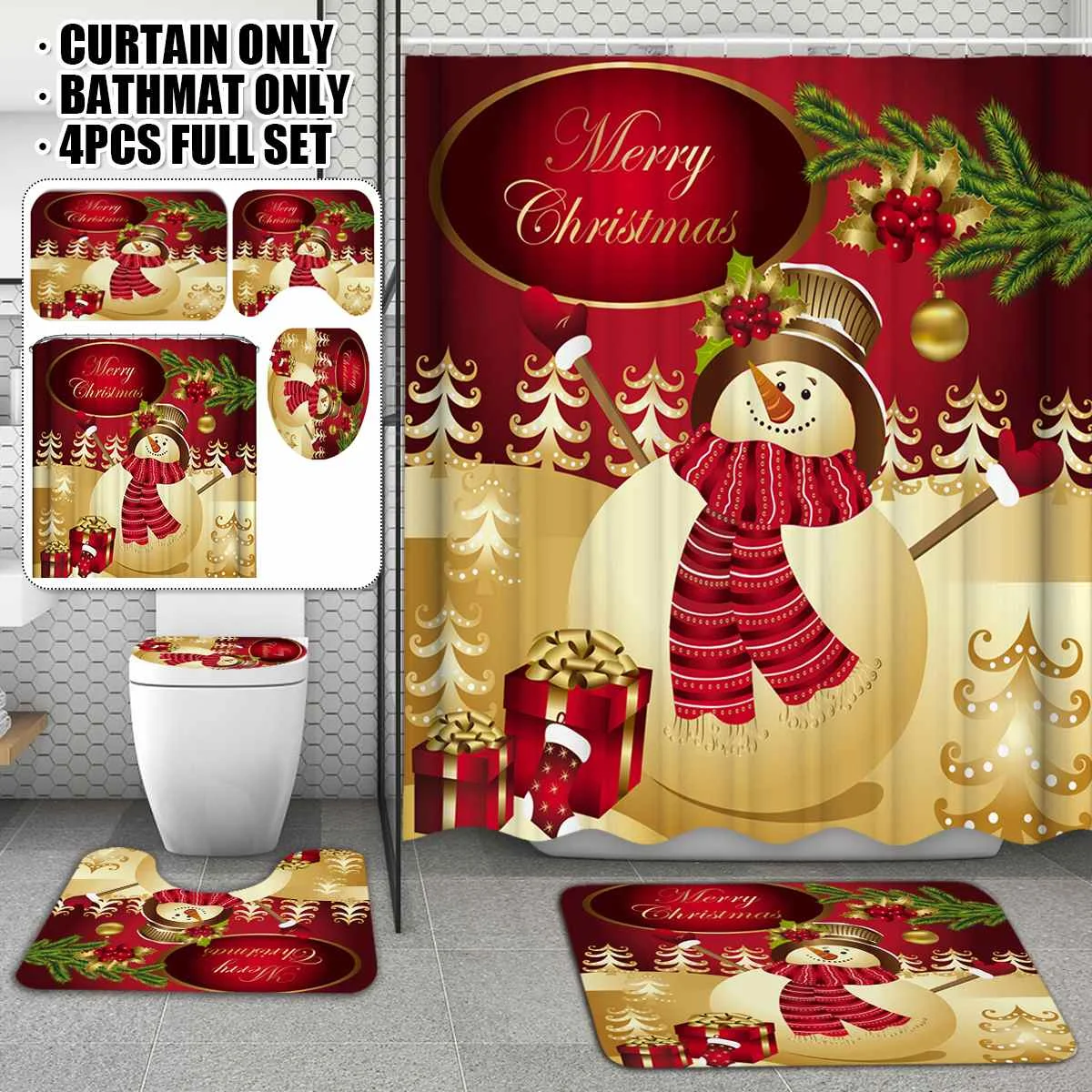

180x180CM Digital Printed Christmas Snowman Shower Curtain Waterproof + 3x Carpet Bath Mat Set Pedestal Rug Lid Toilet Cover