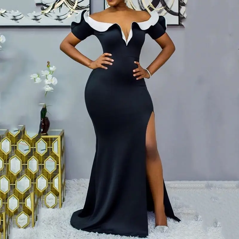 

Split Floor-Length Sexy Deep V Color Block Dress Women 2019 Autumn Elegant Party Evening Black Dresses Bodycon Long Robe Vestito