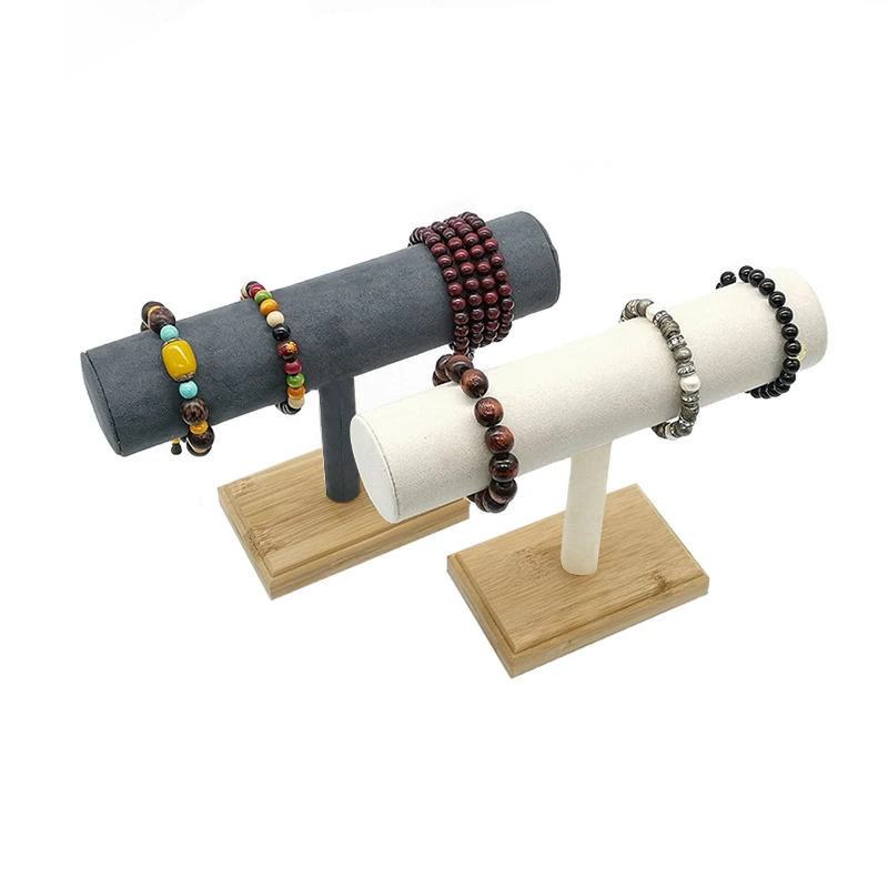 Goedkoop 1Pc Bamboe Hout Enkele Tier T Bar Rack Armband Horloge Armband Display Houder Stand Donker Grijs Beige fluwelen Organizer