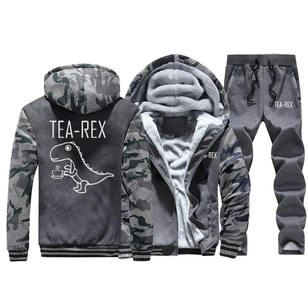 Dark Gray 5 Толстовки с рисунком динозавра из мультфильма «Чайный Рекс», камуфляжная Теплая мужская куртка+ штаны, комплекты из 2 предметов, толстый зимний спортивный костюм, спортивный костюм для улицы - Цвет: Dark Gray 5