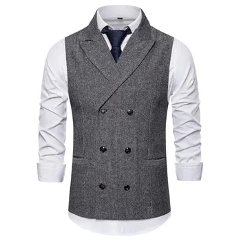 

Fashion Tweed Double Breasted Suit Vest Men 2020 Brand Peak Lapel Mens Tuxedo Vest Business Wedding Dress Waistcoat Gilet Homme